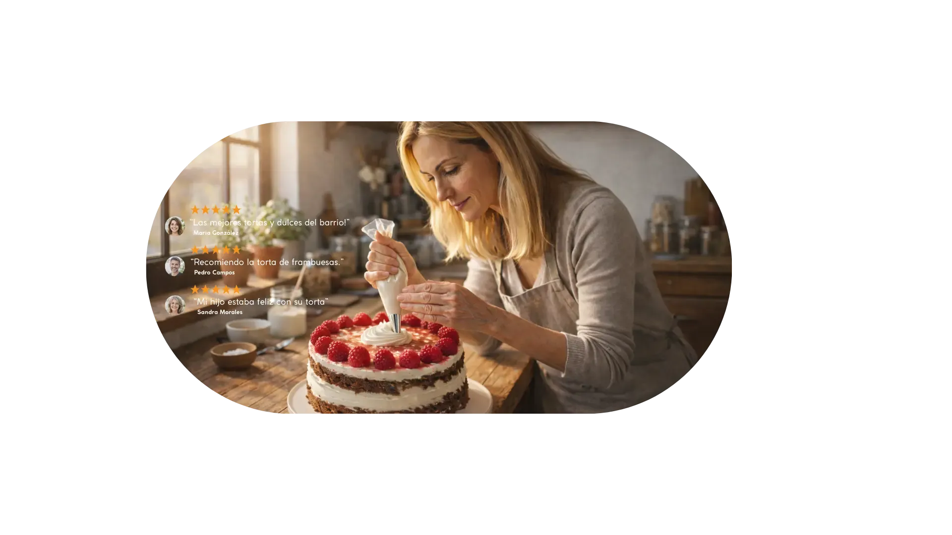 Foto de mujer haciendo una torta y con reviews