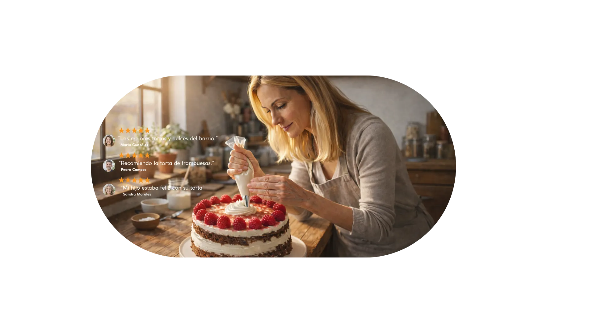 Foto de mujer haciendo una torta y con reviews