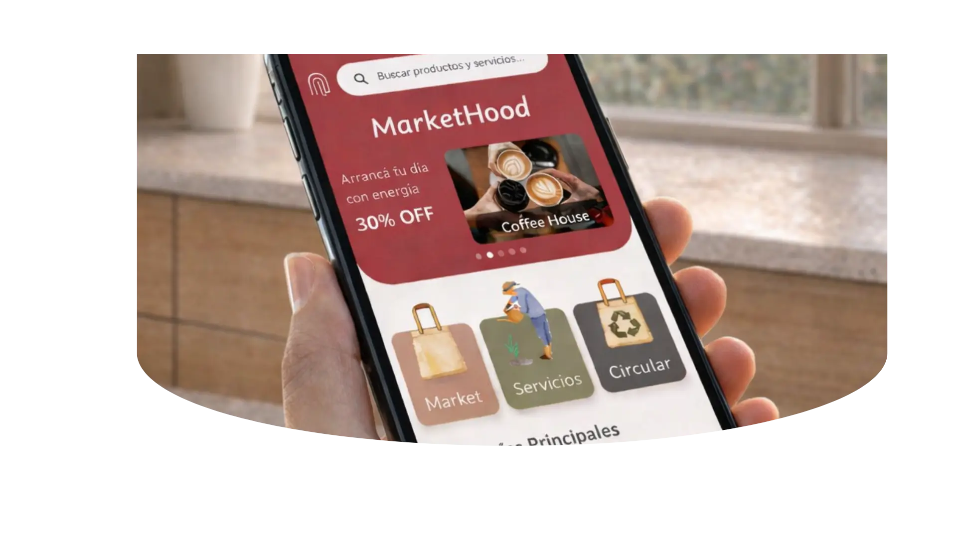 Imagen de una la aplicación Markethood en la mano